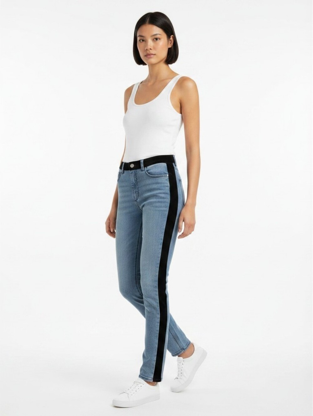 Ecru Sz 27 The Los Feliz Velvet Inset Side Stripe Denim Chic Skinny Blue Jeans